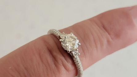 1 Carat Round Cut Lab Grown Diamond Classic Three Stones Engagement Ring - Vintage Style Micro Pave Wedding Ring in 18K White Gold Plating for Women
S