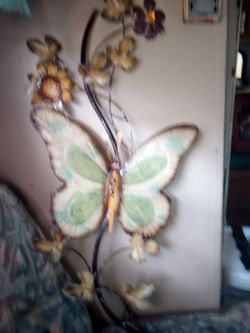 Vintage metal butterfly and flowers and leaves pictures  30 in tall
