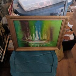 Canvas Painting Of Boats With Artist Signature 