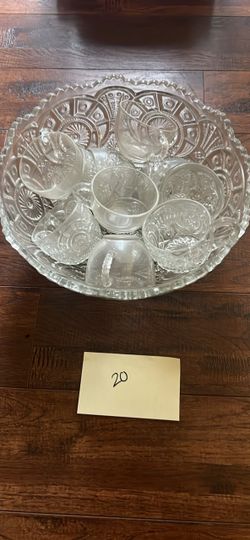 Pressed Glass Punch Bowl Set with Cups