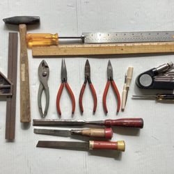 15+ Antique + Vtg. Hand Tools Combo Square Level, Peen Hammer, Nut Driver, Chisels etc. Wood Handles