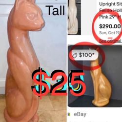 $25 Mid century Hollywood regency 29” Ceramic Cat Vintage sold as is👀 pics some cracks & chip ear