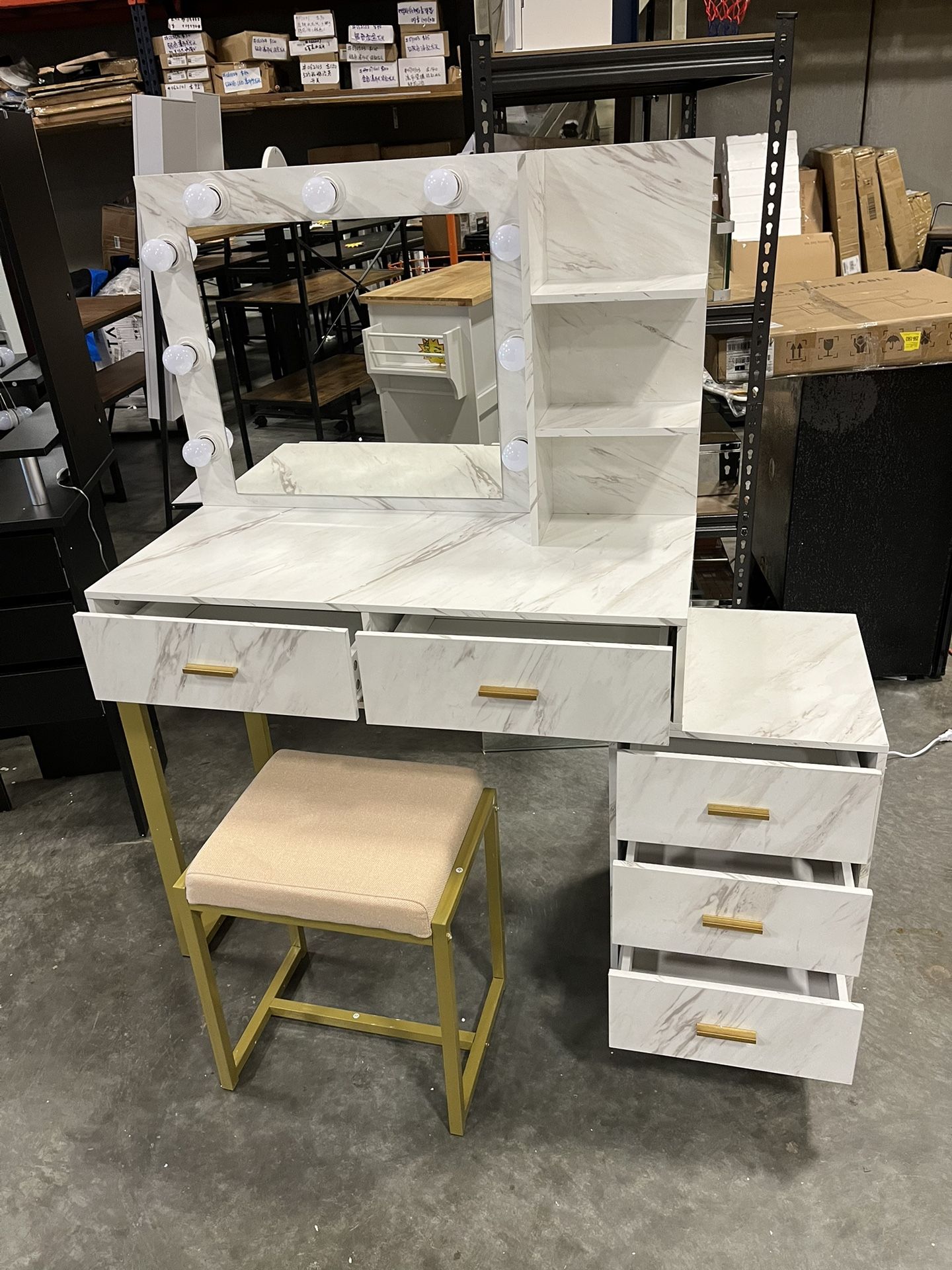 #021705 PAKASEPT Large Vanity Set with 9 LED Lights, Vanity Table with 3-Drawer Chest, Makeup Vanity Dressing Table with Cushioned Stool & 2 Large Dra