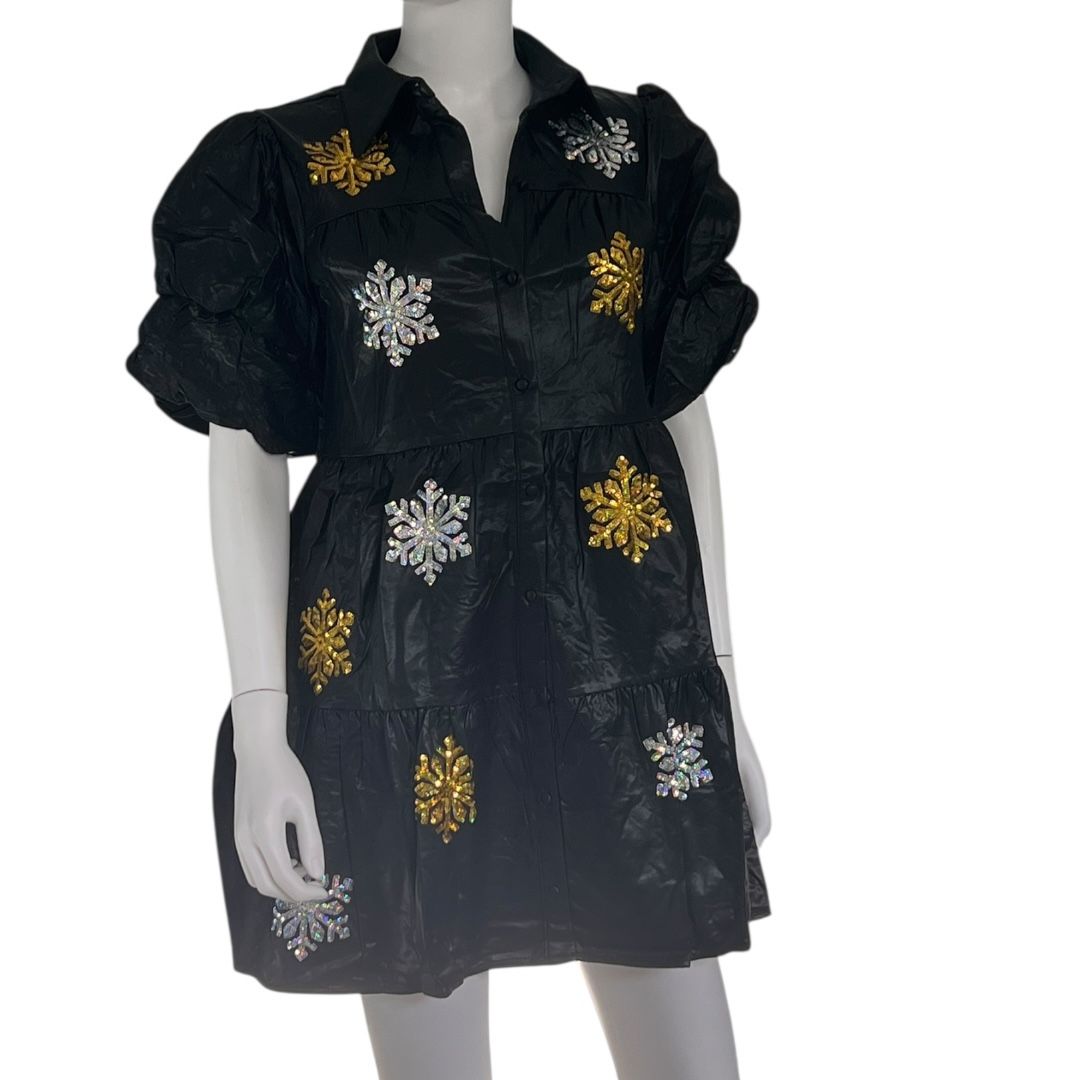 PEACH LOVE CALIFORNIA black Pleather Sequin Snowflake Mini Dress Sz Medium 