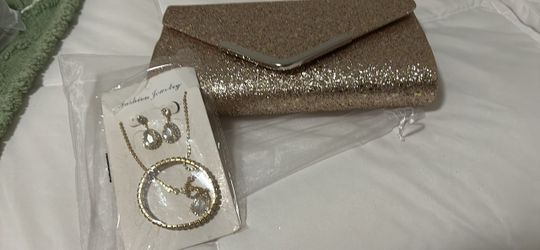 Gold Glitter Clutch Bag with Jewelry Set