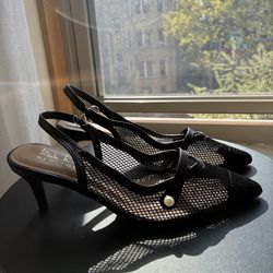 Nicole Miller Black Mesh Slingback Heels with Pearl Accent - Size 6.5