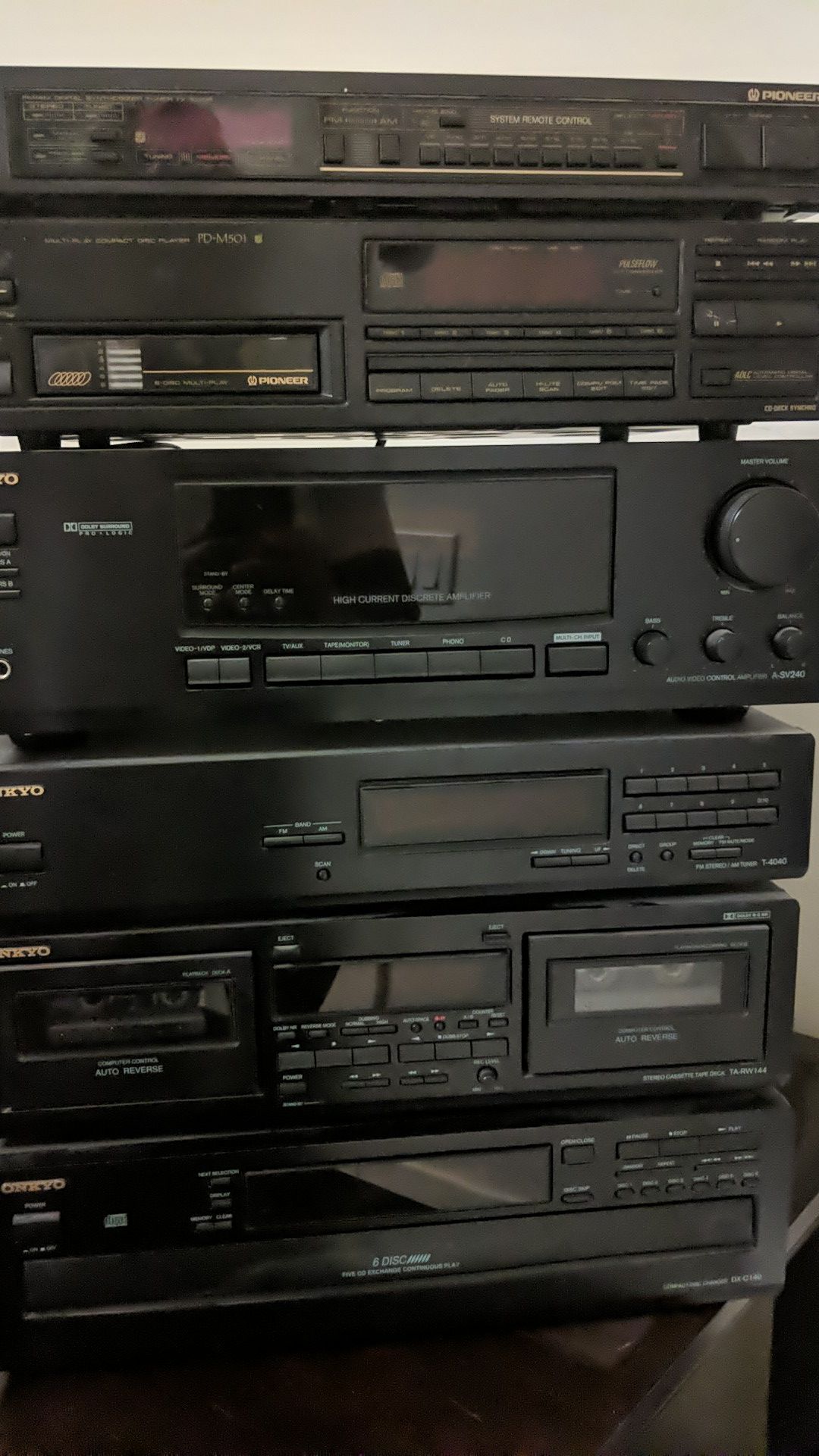 Pioneer and onkyo components deck, cd player, radio and receiver