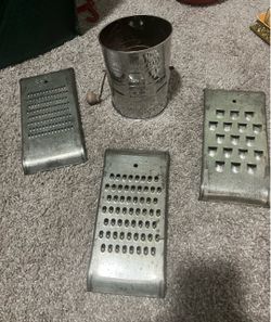 Vintage  Kitchen Decor Metal Graters and Flour Sifter Set