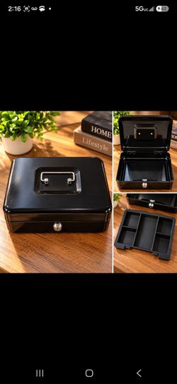 Black Metal Locking Cash Box with Removable Money Tray, Carry Handle & Coin Organizer