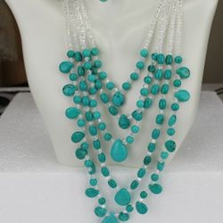 Turquoise with Glass Beads Necklace and Turquoise Earrings in Stainless Steel 18 inches for the necklace. The necklace weighs 2.8 ounces and the earri