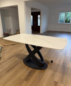 63”Dining Table for 6 - Glossy White Dining Table Sintered Stone Dining Table Top with Carbon Steel X-Shape Pedestal, Rectangle Kitchen Dining Table f