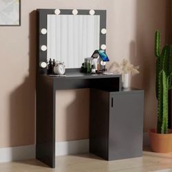 Black Vanity Desk with Charging Station, Makeup Vanity Desk with Mirror and Lights, Vanity Table for Bedroom, Living Room