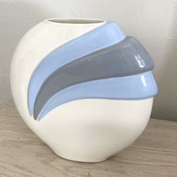 Vintage 1980s Art Deco Style Cornflower Blue and Cream Flat Round Ceramic Vase