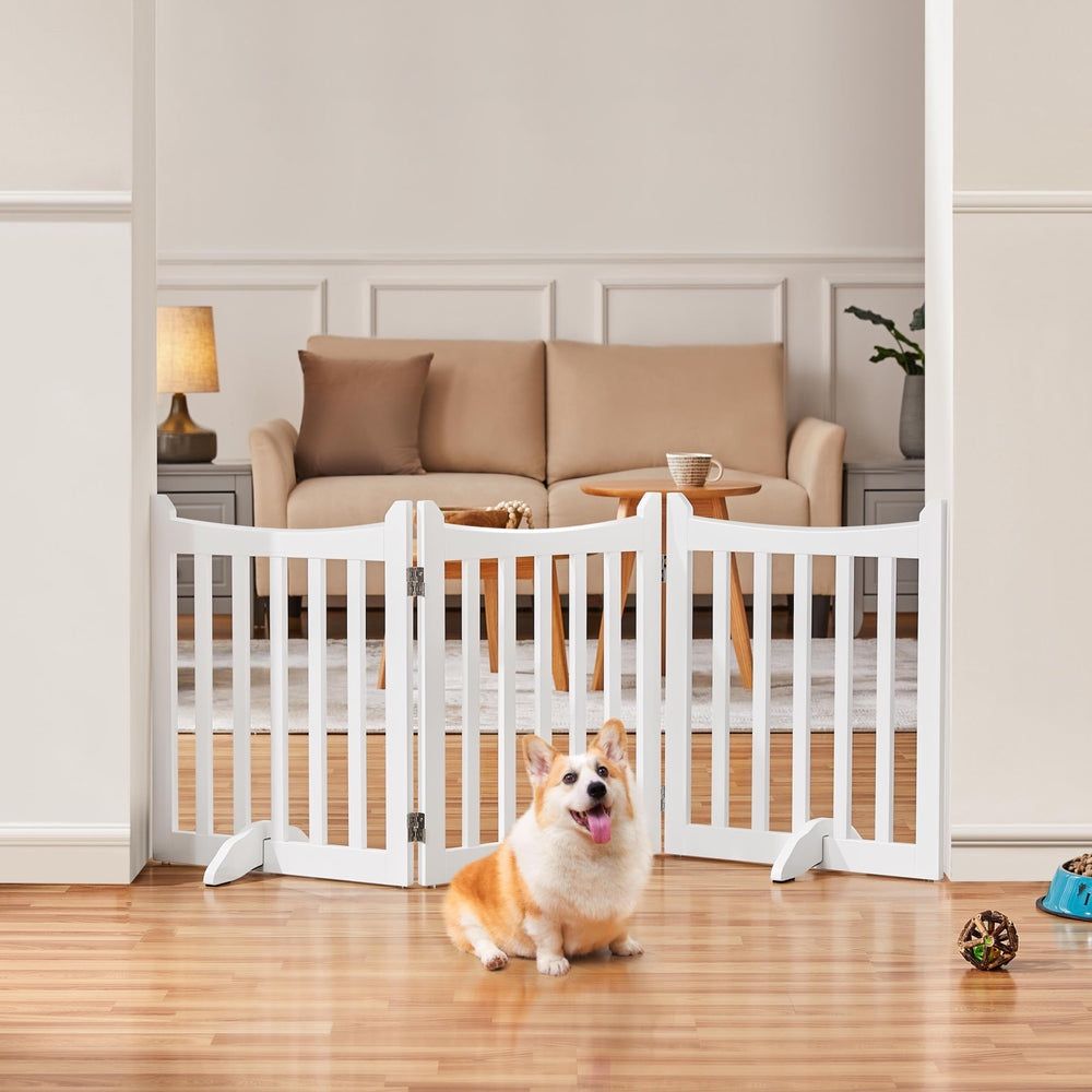24" H Freestanding Pet Gate for Dogs Wooden Dog Gates for Hallway, Doorway Collapsible Indoor Pet Fence with Support Feet Stair Barrier 3 Panels Fence