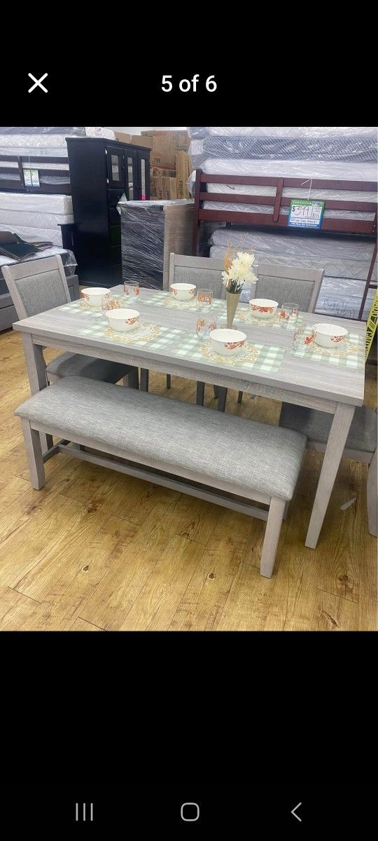 ✅️✅️ 6 pc light finish wood dining table set padded seat chairs and bench ✅️