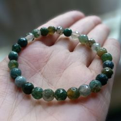 Faceted Irish Moss Agate Crystal Stretch Bracelet Handmade By Master Energy Healer Peace Luck Success Joy 7" 