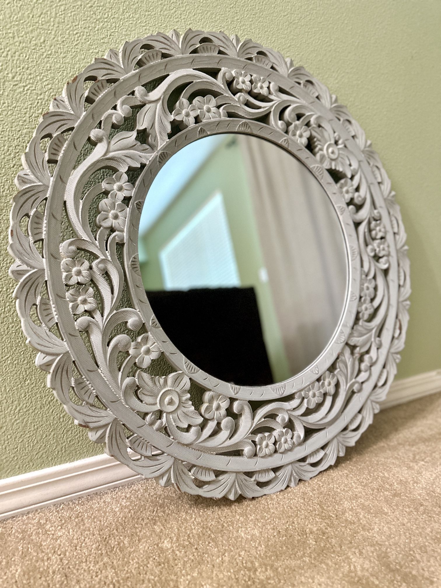 Carved Wood Framed Round Mirror