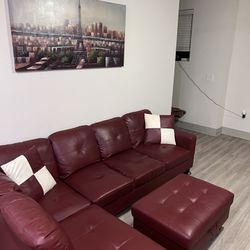Red Leather Sectional w ottoman 