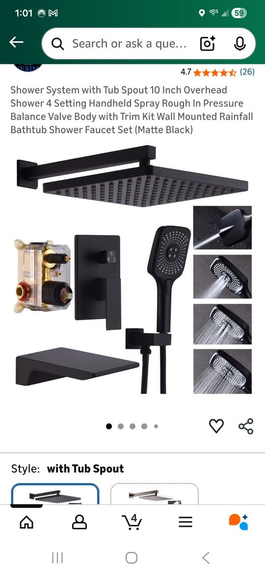 Shower System with Tub Spout 10 Inch Overhead Shower 4 Setting Handheld Spray