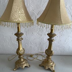 Pair Of Gold Table Lamps Lights With Bead Fringe Shades