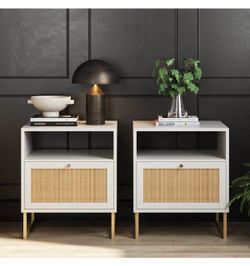 White Rattan Nightstand Set of Two
