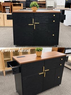 Black 53'' Kitchen Island with Drop Leaf & Power Outlet, Kitchen Island on Wheels with 3 Drawers and Pull Out Rack Organizer, Rolling Kitchen Carts fo