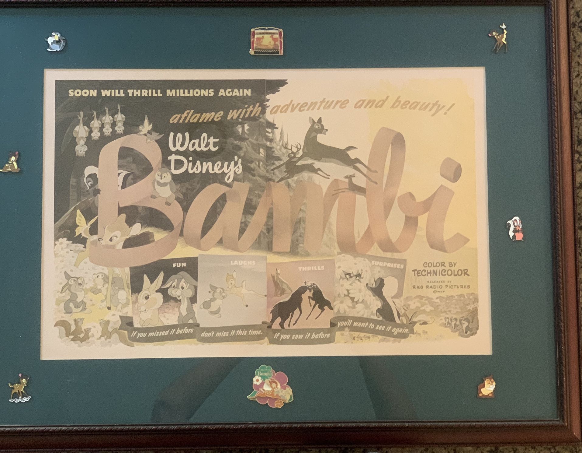 Disney Vintage Bambi Movie Promotional Ad Poster Framed With 8 Collectible Pins