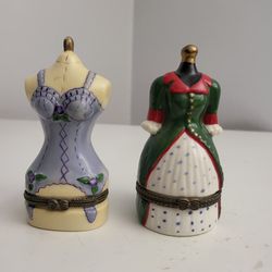 Lot Of 2 Porcelain Mannequin Blue Corset And House Dress Hinged Trinket Boxes