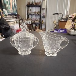 Vintage Polonia Crystal Hand Cut Glass Lidded Sugar Bowl & Creamer Set, For Elegant Dining Whirling Star Pinwheel Pattern Made In Poland 