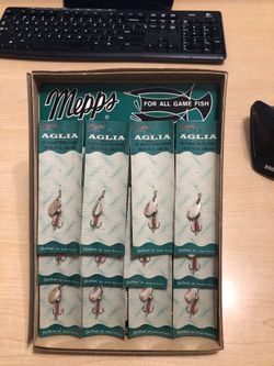 NIP 1960's VINTAGE Mepps Aglia French Spinner Fishing Lure Display, Antigo, Wi.