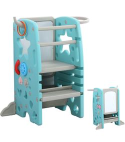 Multifunctional Kids Step Stool with Double Safety Rails, Height Adjustable, Toddler Tower for Kitchen Countertop and Bathroom with Big Drawing Board