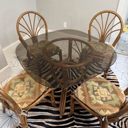 1970s Rattan Table W/four Chairs 
