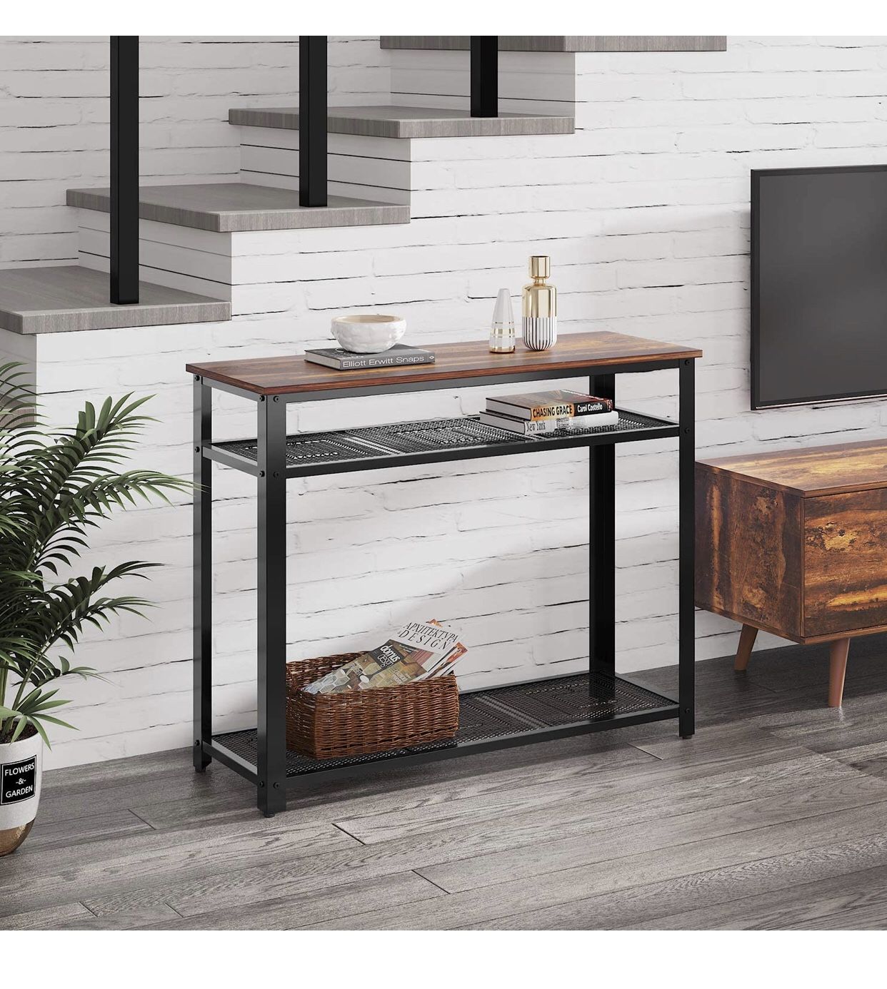 Industrial style console / entry way table with two shelves