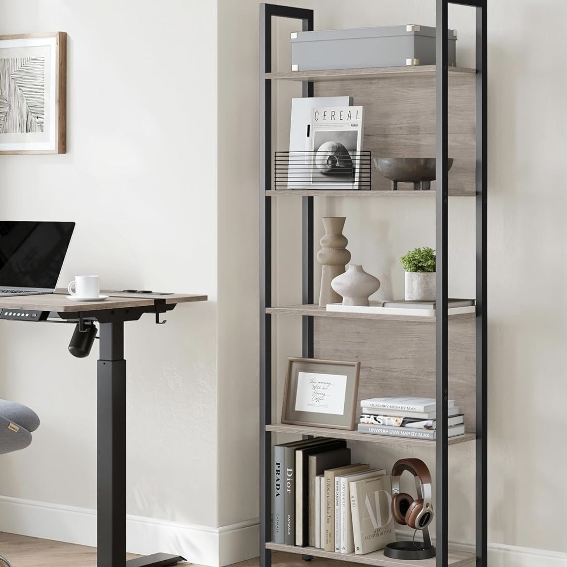 5-Tier Bookshelf, Book Shelf, Industrial Bookcase, with Steel Frame, for Living Room, Home Office, Bedroom