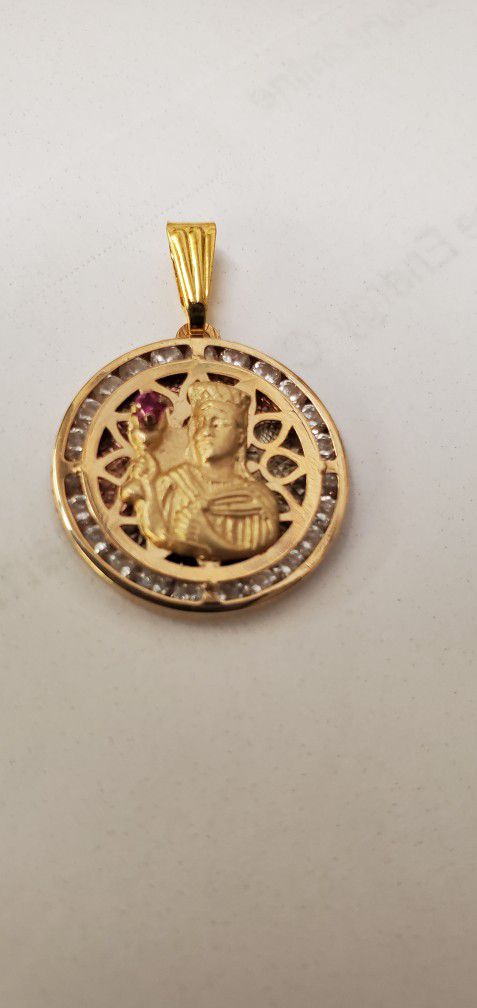 Real Gold 10kt Religious Medallion With White Topaz 