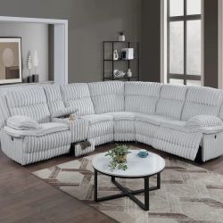Brand New Grey Super Plush Corduroy Reclining Sectional Sofa 