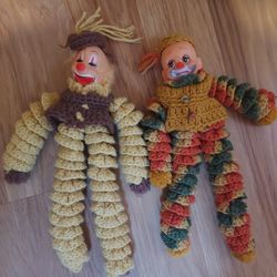 Vintage Retro Clowns Crochet Knit YoYo Circle Doll Set Of 2 1970 Colors Handmade