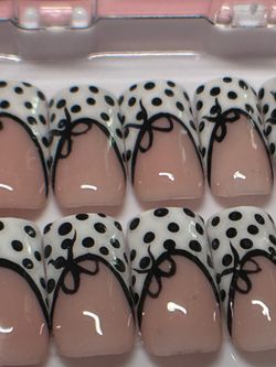White french tip with polka dots and bow press on nails