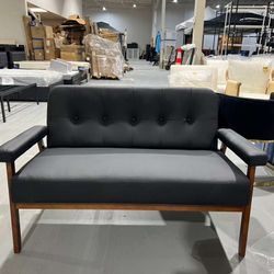 M-New 50" Faux Leather Loveseat Sofa with Wood Arms, Mid-Century Modern Small Couch for Office, Living Room, Bedroom, Black