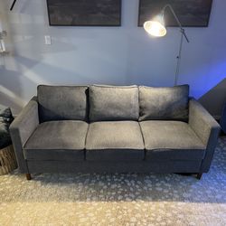 Modern Linen Fabric Sofa Couch with Armrest Pockets, Dark Heather Grey