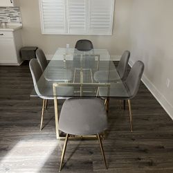 Gray Velvet Gold Modern Glass Dining Set For 6