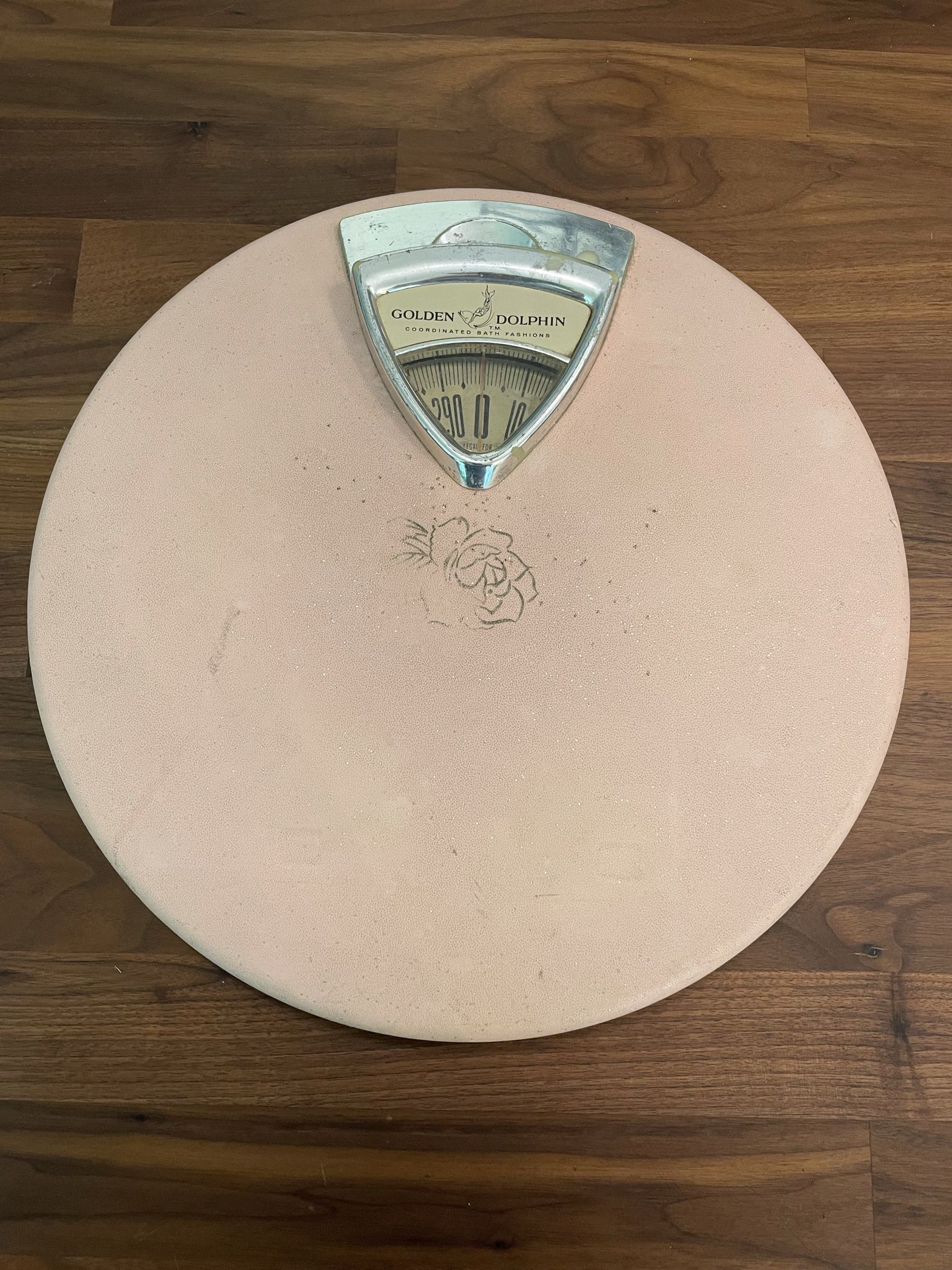 Vintage Mid Century Modern Bathroom Scale Golden Dolphin Round Pink With Rose