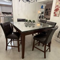 Counter-Height Dining Set - Marble Top & 5 Faux Leather Chairs