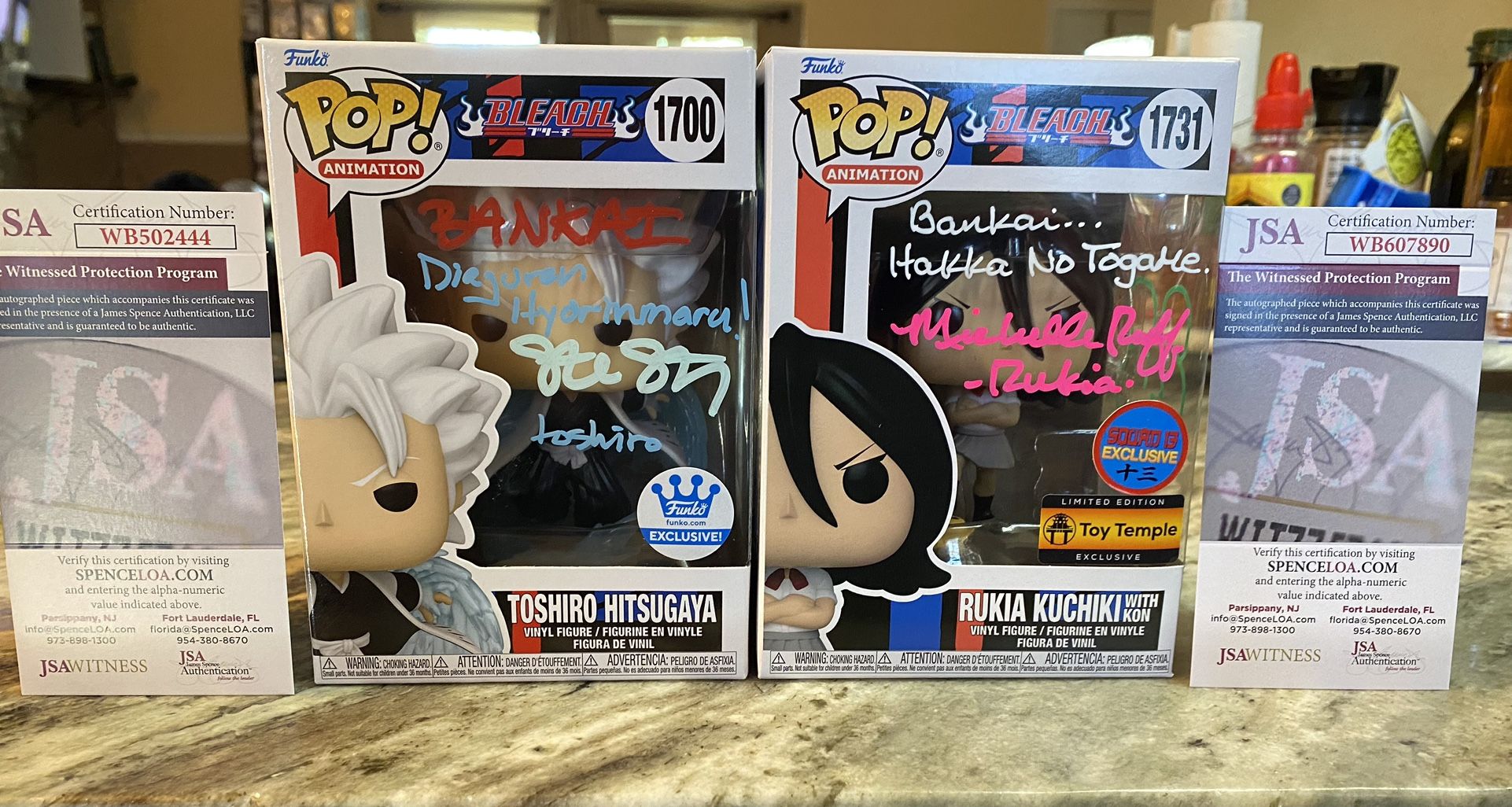 Bleach Toshiro Hitsugaya and Rukia Kuchiki with Kon Signed Funko pops JSA COAs