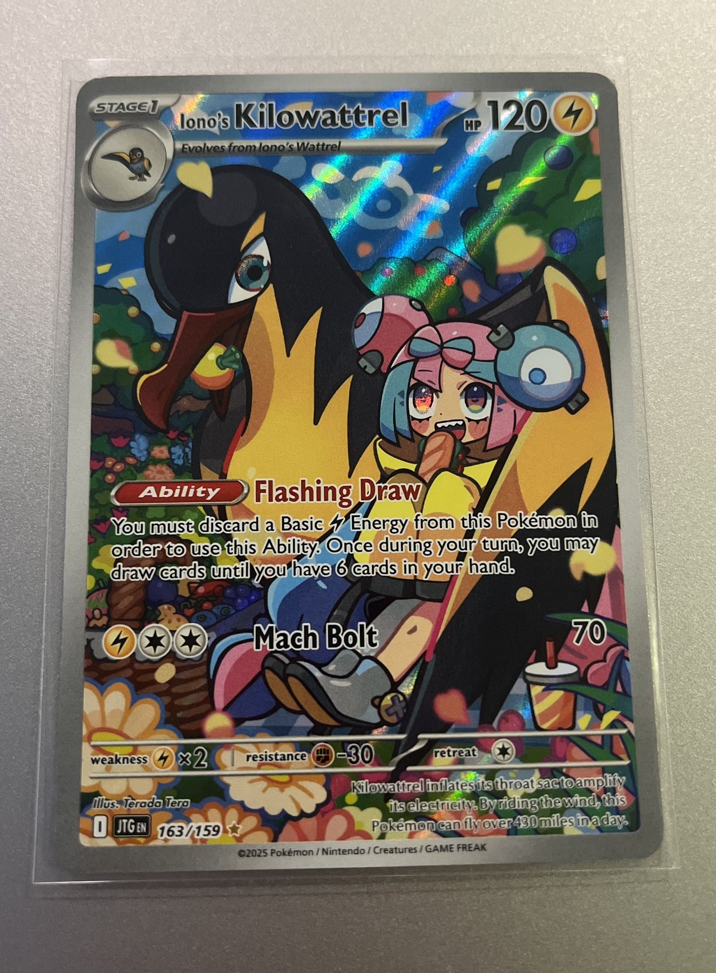 Pokémon Iono's Kilowattrel 163/159 Sv09: Journey Together Holo rare illustration