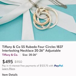 Tiffany & Co SS Rubedo Four Circles 1837 Interlocking Necklace 20-26" Adjustable