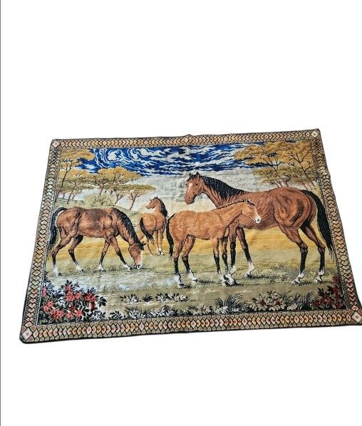 VINTAGE Wall Hanging TAPESTRY Velvet Wild Horses Equine Rug MCM Italy Belgium 60s/70s 