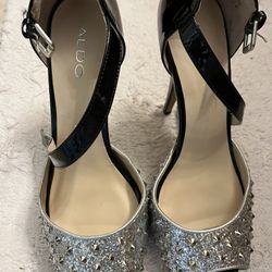 Black & Silver Spiked Patent Leather Peep toe Heels