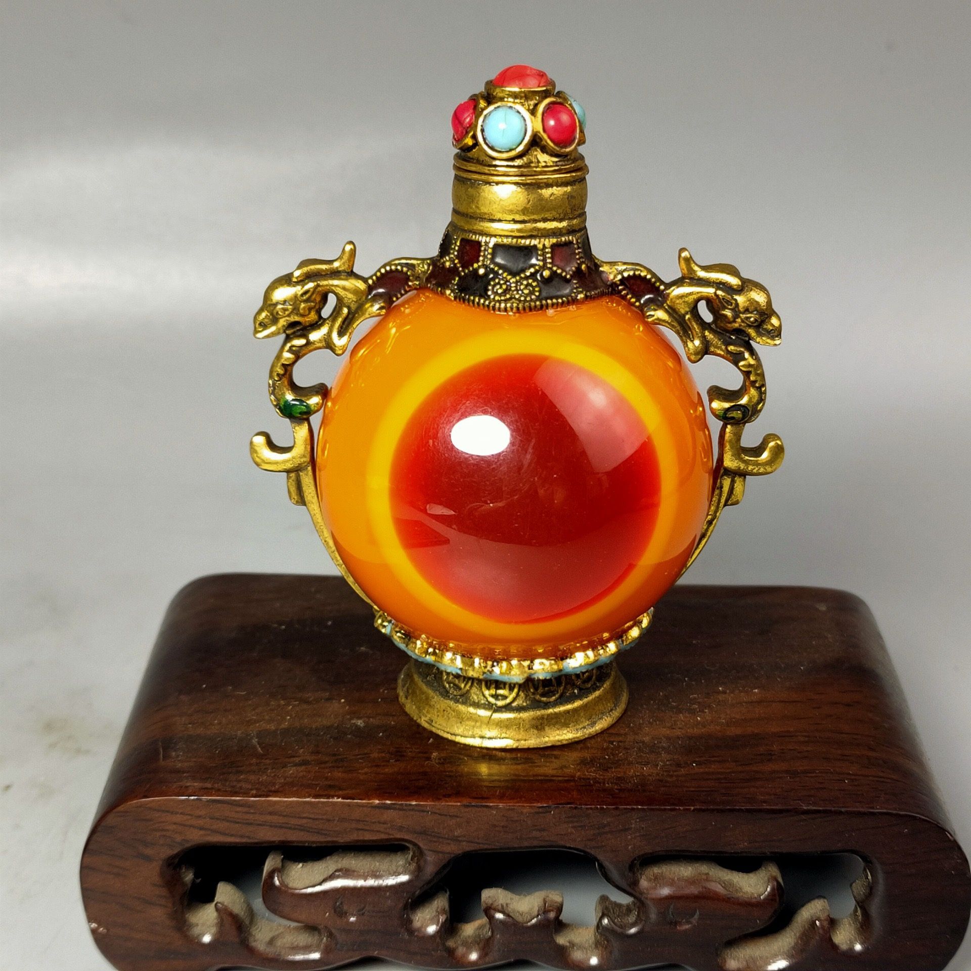 Vintage Tibetan-Style Snuff Bottle – Dragon Handles & Amber Swirl Glass (Decorative Collectible