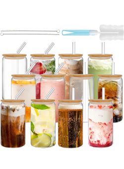 GIVAMEIHF 12 Pcs Glass Cups with Lids and Straws,16 oz Glass Tumbler Set Iced Coffee Glasses with Bamboo Lids and Glass Straws,Drinking Glasses Glass 